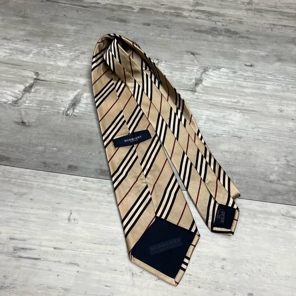 Burberry Tan w/ Black, Red & White Stripe Silk Tie - Picture 3 of 5